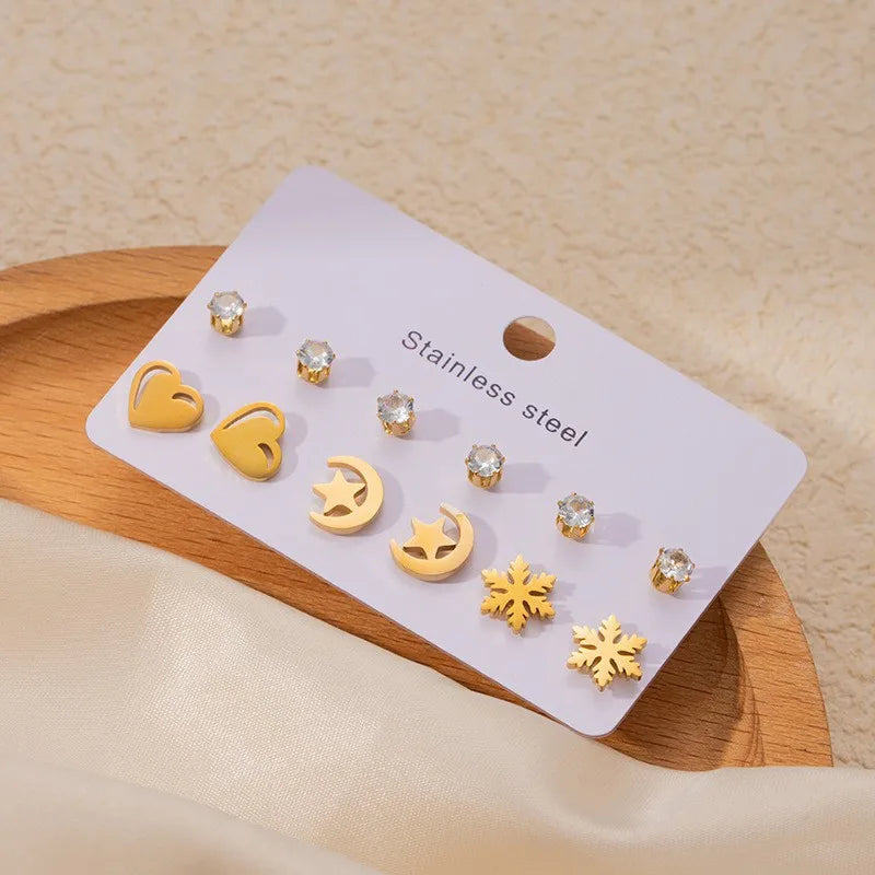 Heart & Cross Stainless Steel Stud Earrings Love Snowflakes (6 Pairs)