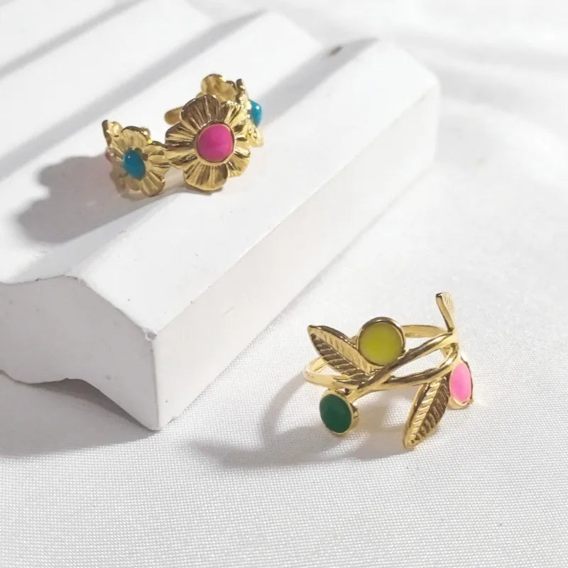 18K Gold Leaf & Flower Open Ring – Stainless Steel