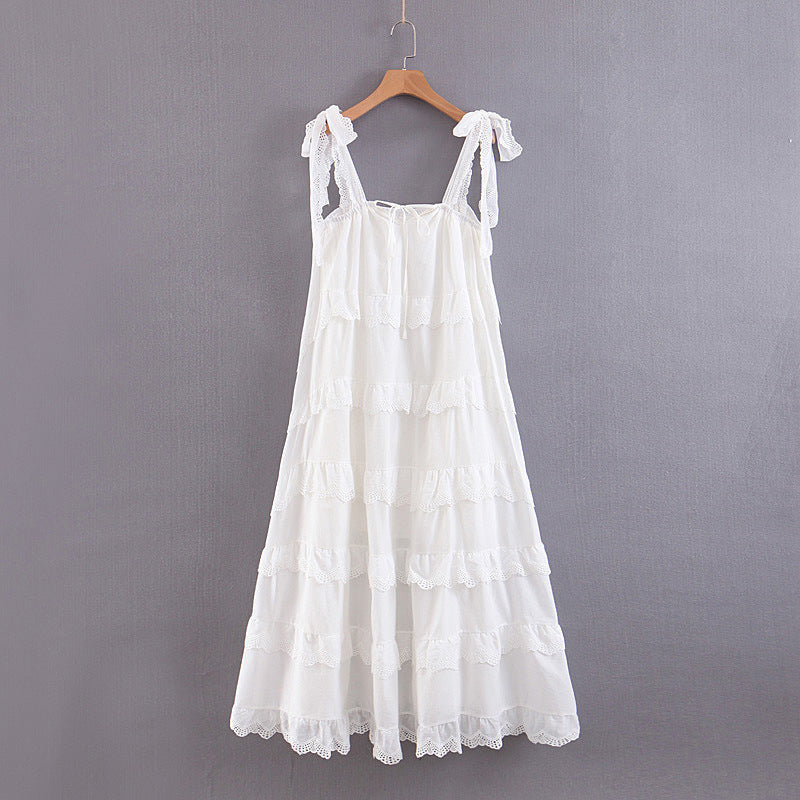 Damen-Maxikleid im Bohemian-Stil mit plissierter Spitze – ärmellos, mehrlagiger Saum