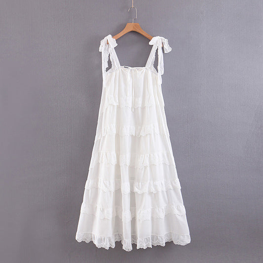 Damen-Maxikleid im Bohemian-Stil mit plissierter Spitze – ärmellos, mehrlagiger Saum