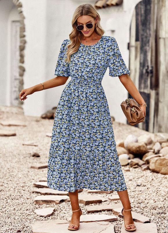 Printed Round Neck A-Line Dress – Romantic Fit for Spring & Summer
