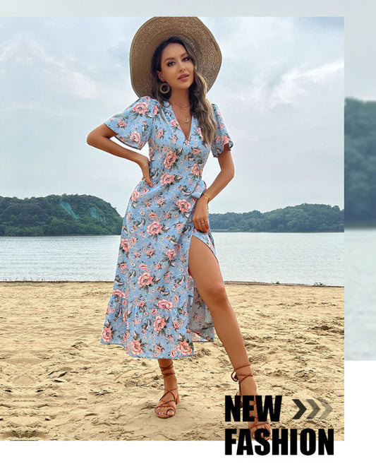 Floral Woven Vacation Dress – Backless Short Sleeve Maxi for Travel & Parties