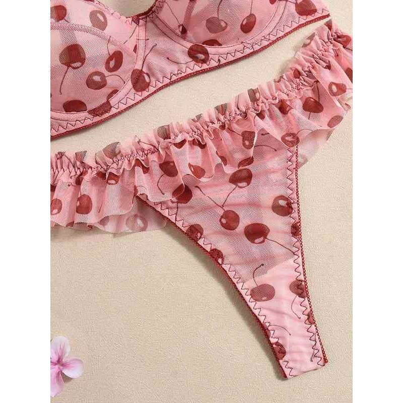 Smiling Maria Women's Lingerie Set in Cherry Print with Ruffled Details for Comfortable Wear