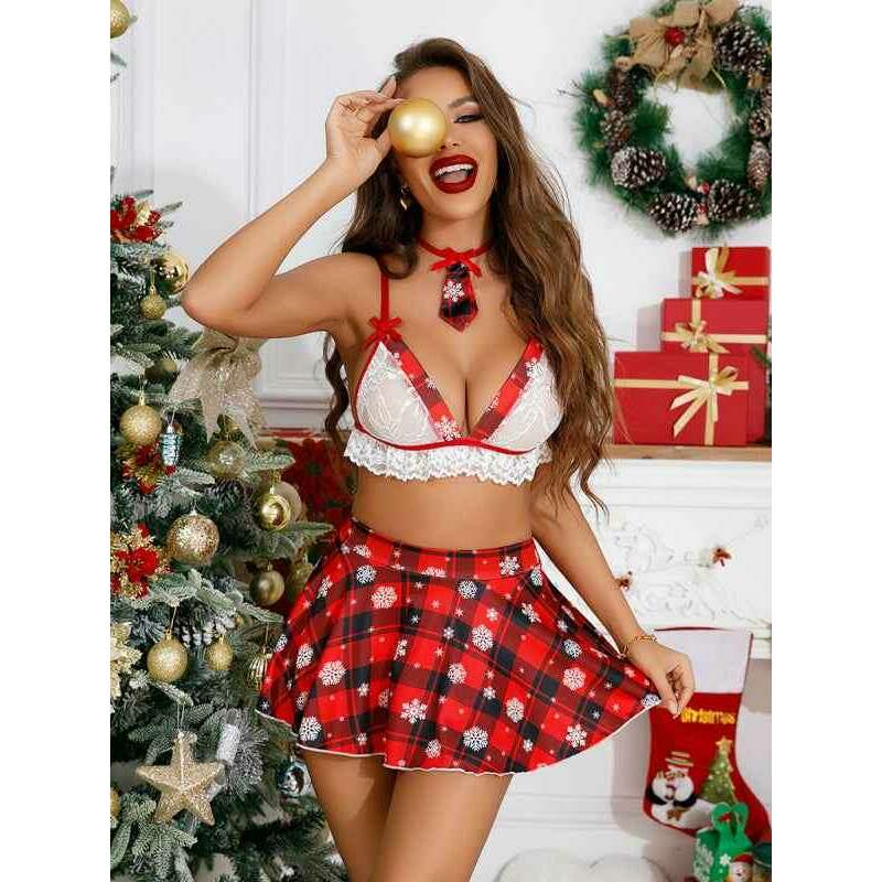 Red plaid Christmas lingerie set with lace detailing and festive design for holiday occasions