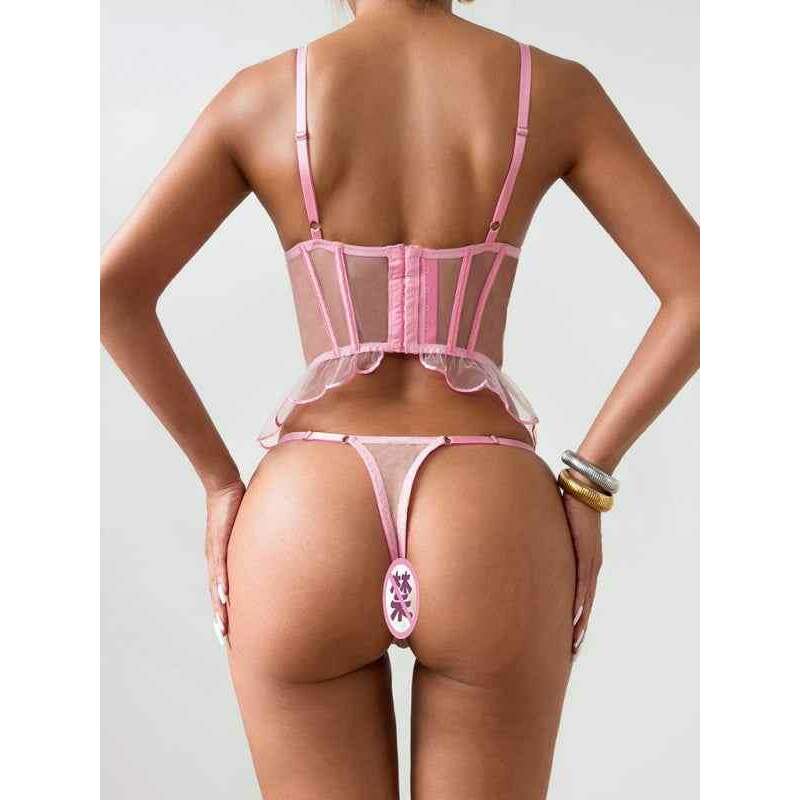 Smiling Maria romantic mesh lingerie set in pink with elegant design and sheer details for a seductive look