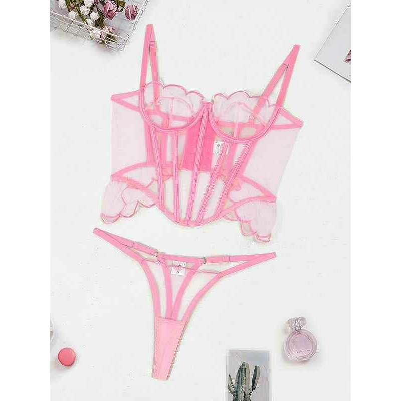 Smiling Maria romantic mesh lingerie set in pink with delicate detailing and matching thong