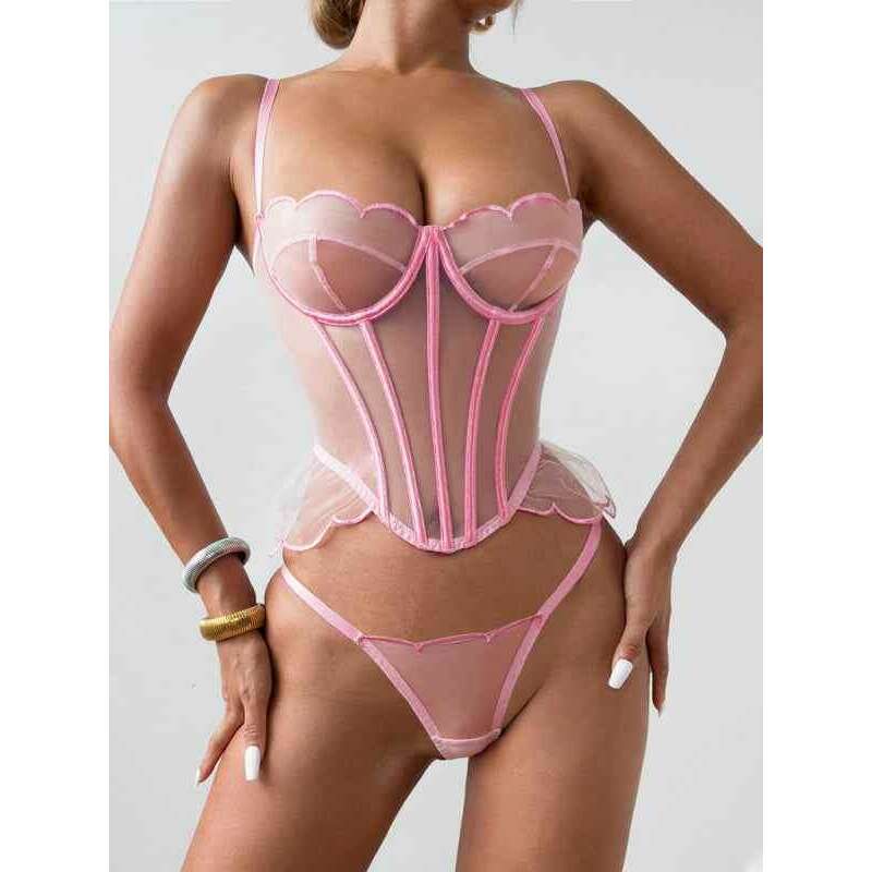 Smiling Maria romantic mesh lingerie set in pink featuring a sheer corset and matching thong