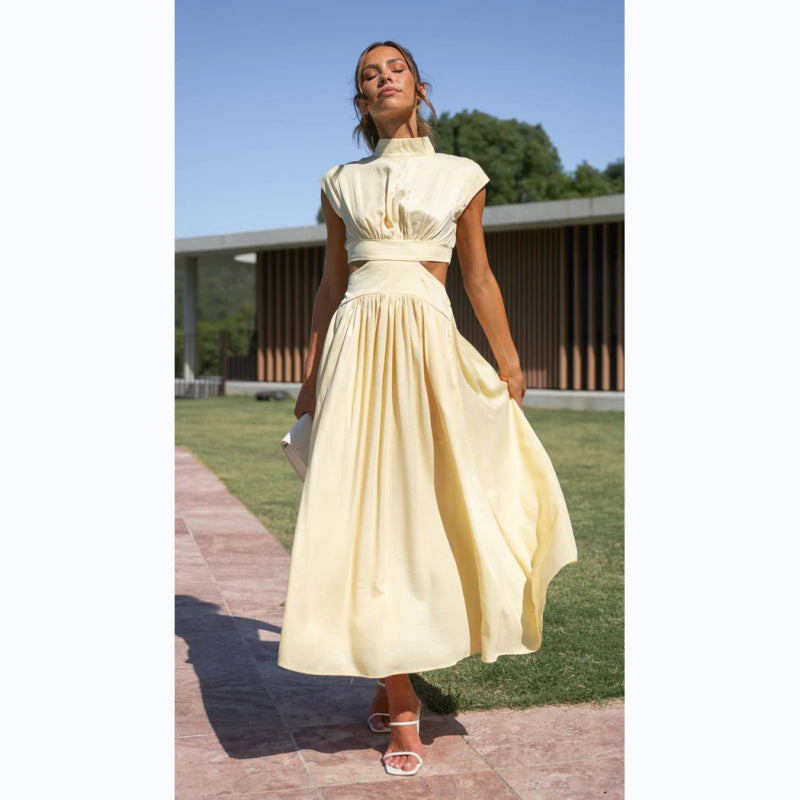 Stand Collar Pleated Maxi Dress – Open Waist, Boho Style, Spring-Summer Comfort