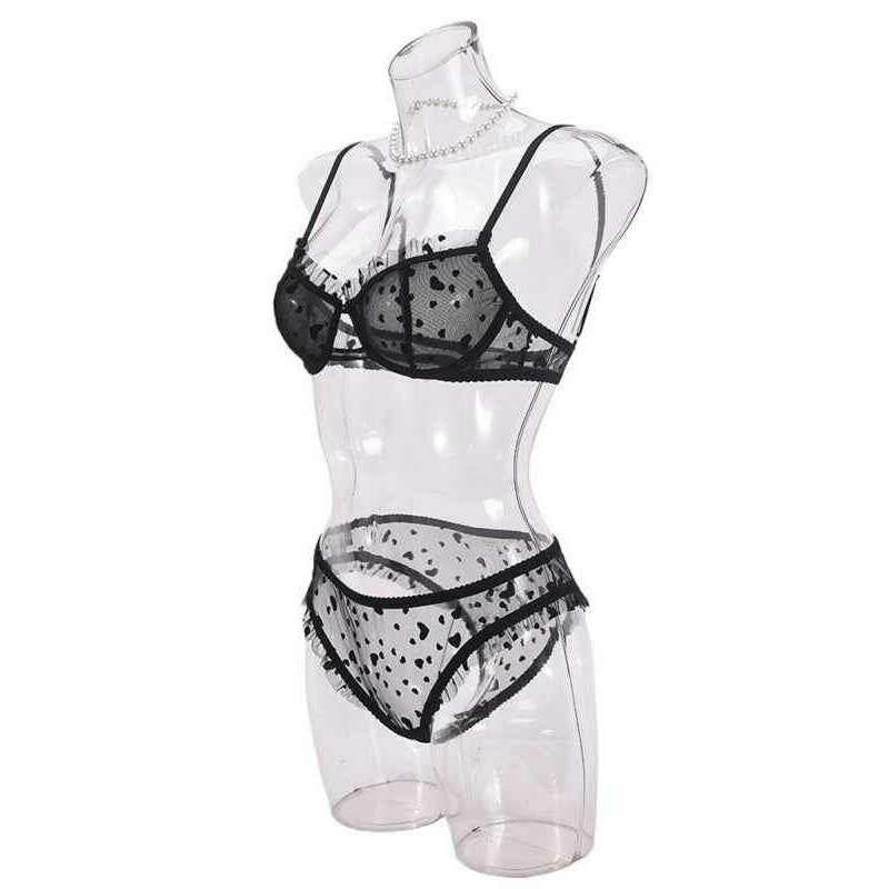 Smiling Maria sheer lace lingerie set featuring black polka dots and delicate detailing for a romantic look