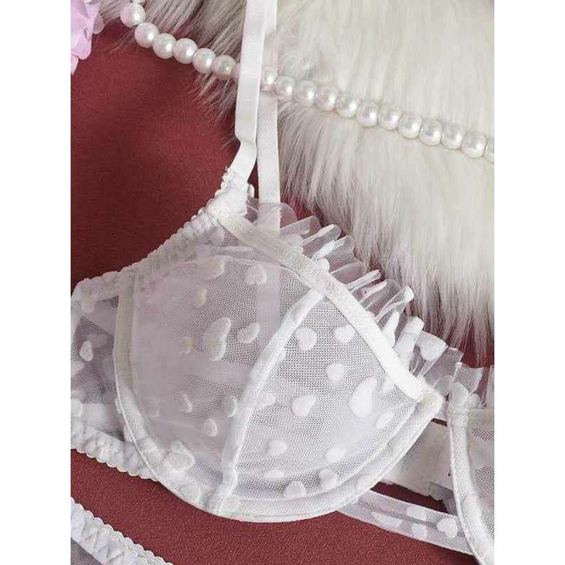 Smiling Maria sheer lace lingerie set with heart pattern and delicate ruffle details for an elegant look