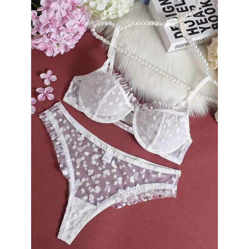 Smiling Maria sheer lace lingerie set in white with ruffled edges and heart patterns