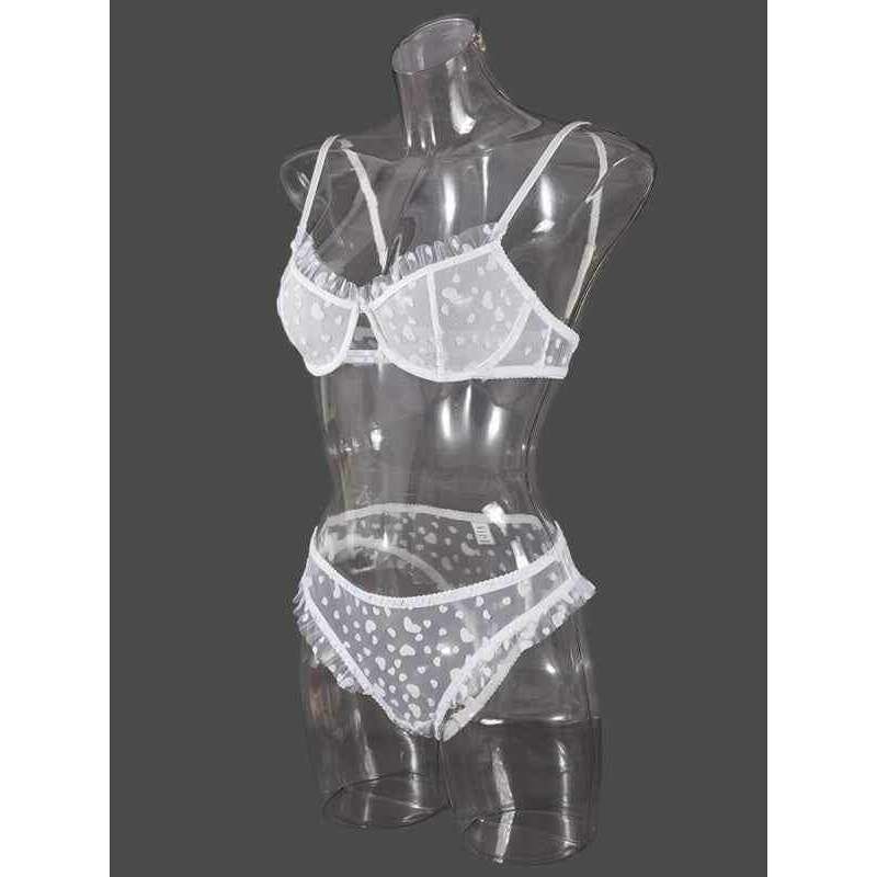 Smiling Maria sheer lace lingerie set in white featuring delicate polka dot design and adjustable straps