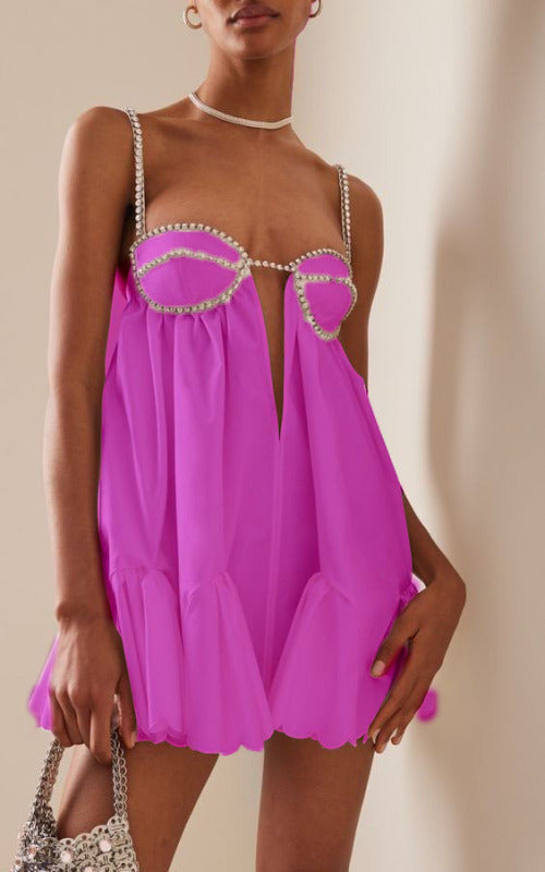 Pleated Swing Dress with Suspender Straps & Diamond Accents – Spring Sexy Sleeveless Fit