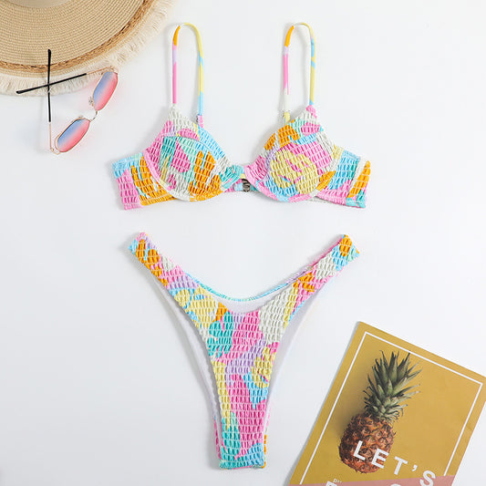Pink Printed Underwire Bikini Set – Push-Up Two-Piece Swimsuit