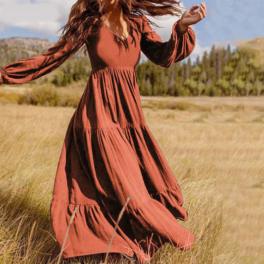 Elegant Long Sleeve Solid Maxi Dress – Graceful High-Waist Fit