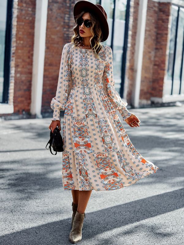Bohemian Swing Maxi Dress – Round Neck, Woven Polyester, Spring & Autumn Style