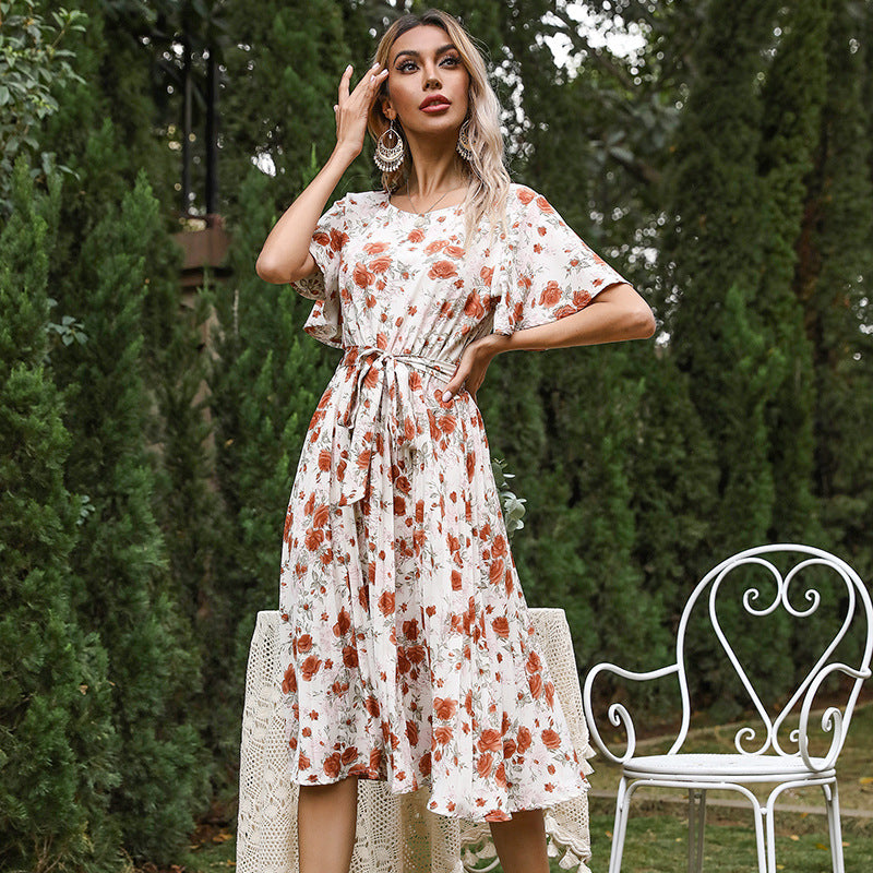 Vestido midi plisado con volantes en las mangas – Cuello redondo y cintura con lazo
