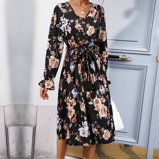 Printed Long-Sleeve Pleated Dress – Casual Woven Midi for Fall & Winter