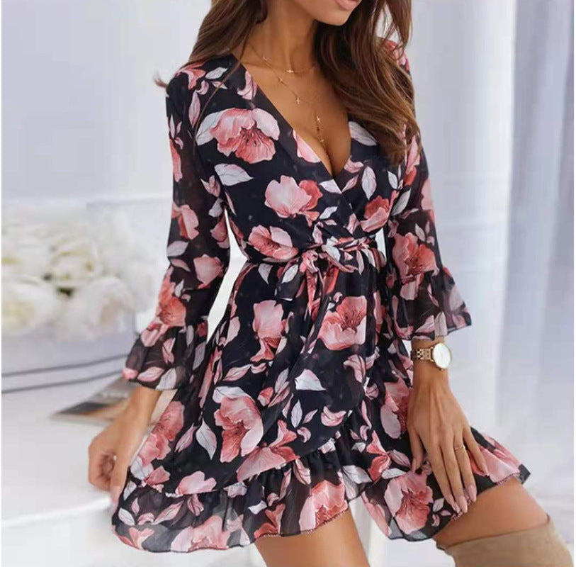 Printed V-neck Ruffled Midi Dress - Tie Waist & 3/4 Dropped Sleeves