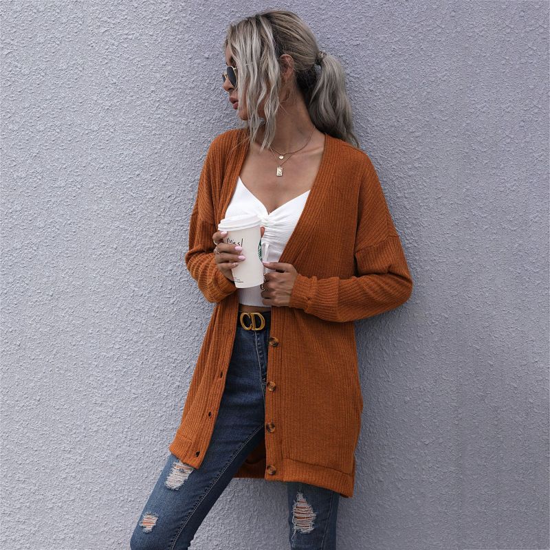 Women's Knitted V-Neck Cardigan Sweater Coat Camel
