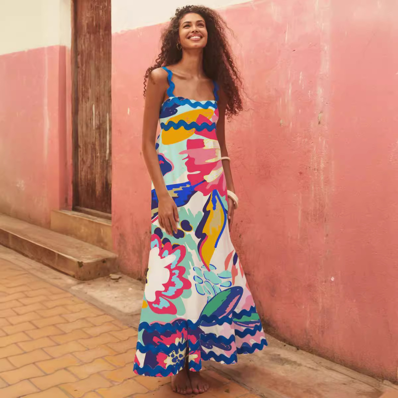Romantic A-Line Floral Sling Dress – Lightweight Fit for Beach & Vacation