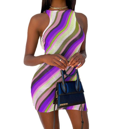 Sleeveless Knitted Color Stripe Dress – Slim Fit, Boho Style