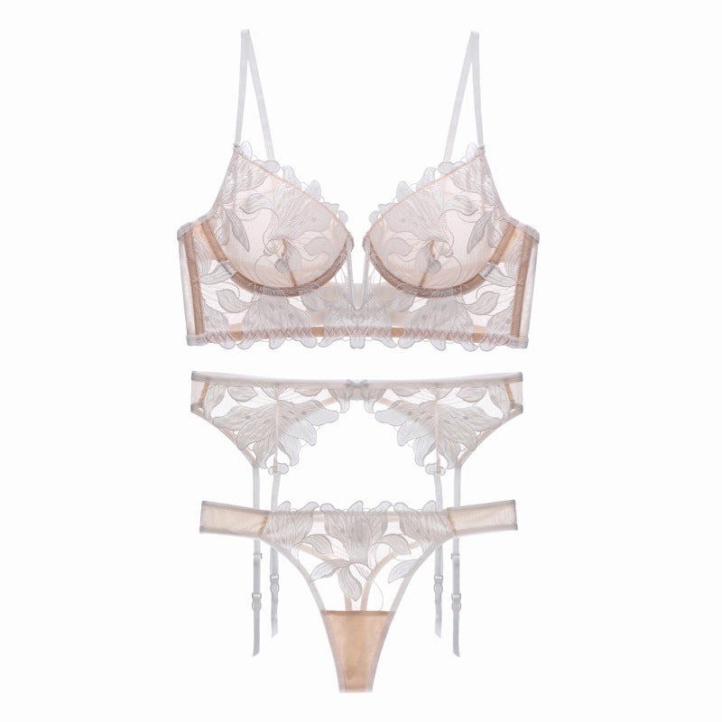 Deep V Floral Embroidered Lace Garter Lingerie Set – Sheer 3-Piece Sexy Design